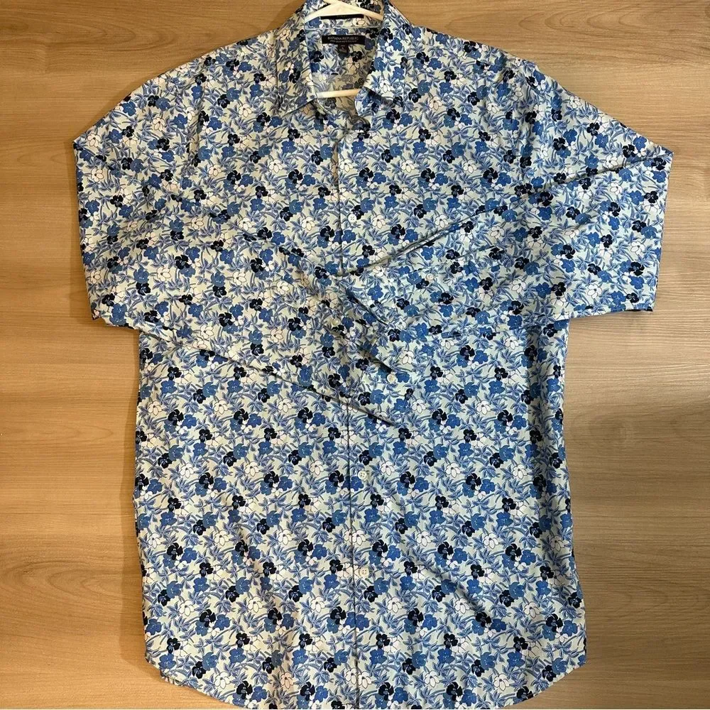 Banana Republic Slim Non-Iron ‎ Blue Floral Cotton Men's Long Sleeve Shirt Large